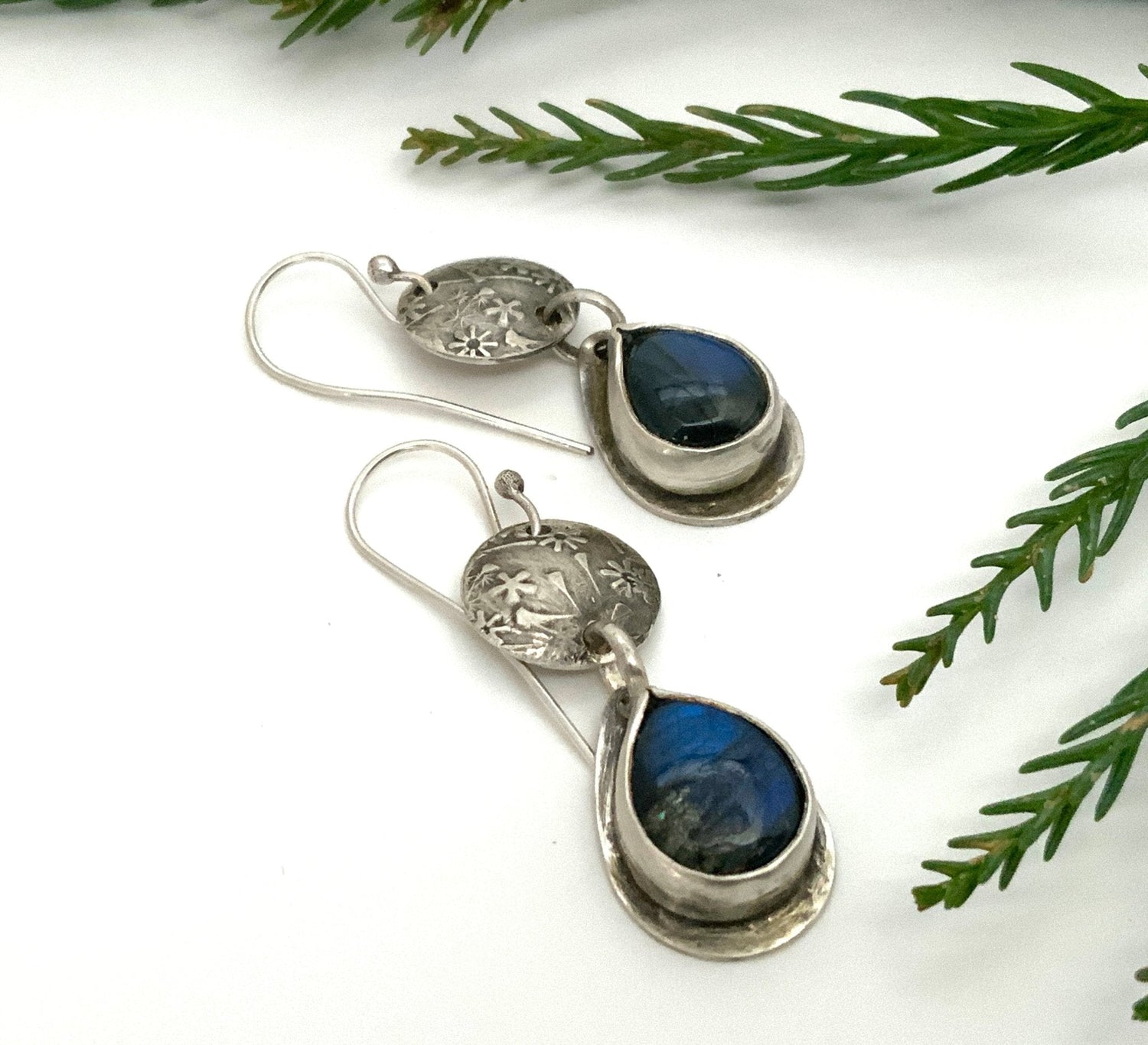 Labradorite Teardrop Earrings with Embossed  Silver
