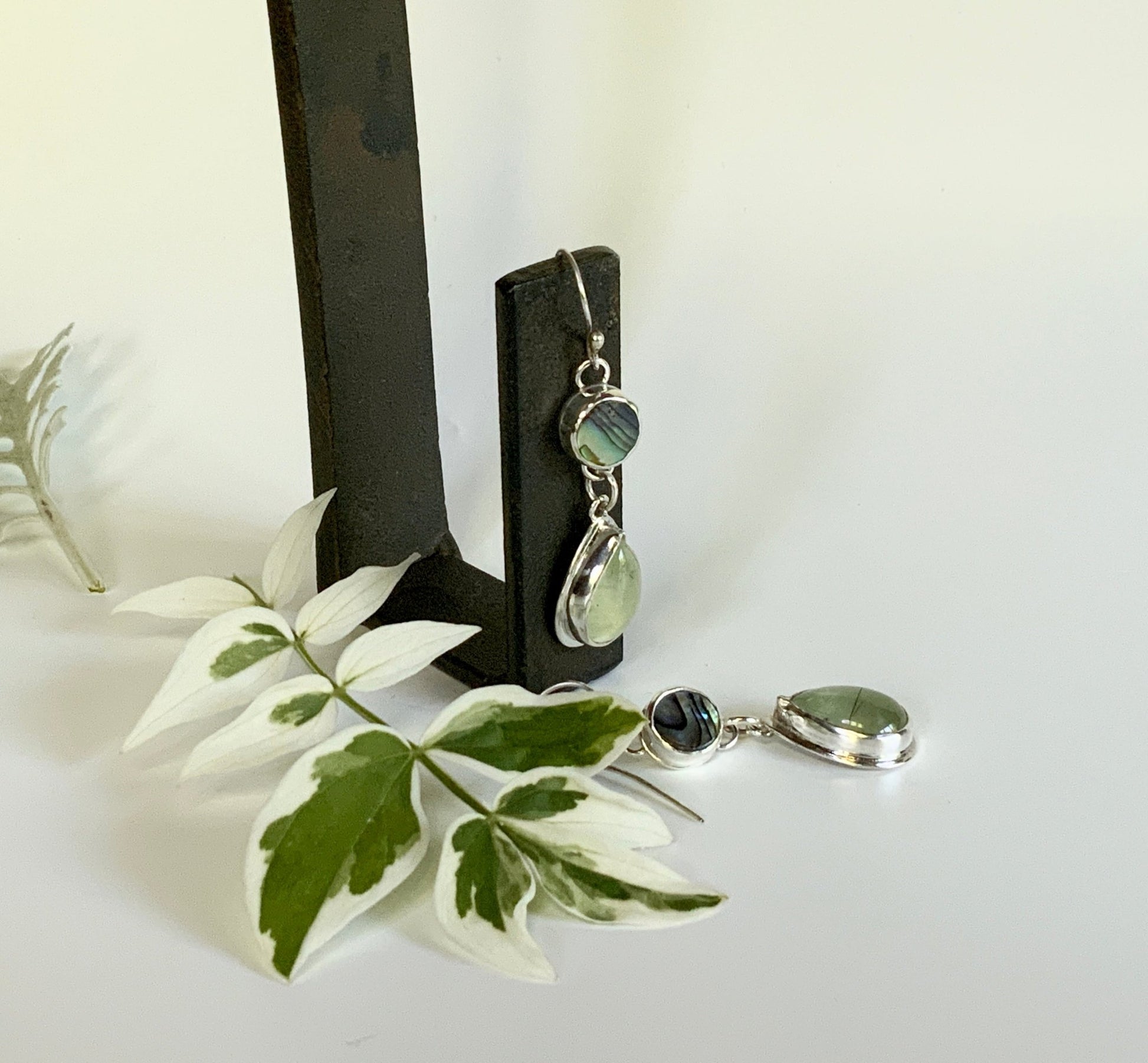 Prehnite & Abalone Drop Earrings - Stunning Blue-Green Mix - Evitts Creek Arts