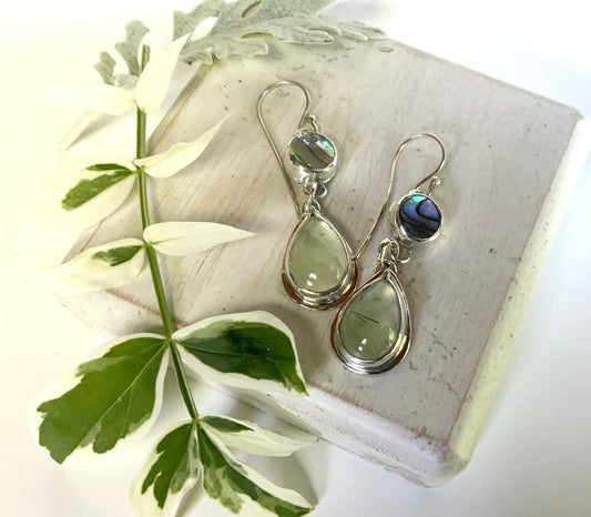 Prehnite & Abalone Drop Earrings - Stunning Blue-Green Mix - Evitts Creek Arts