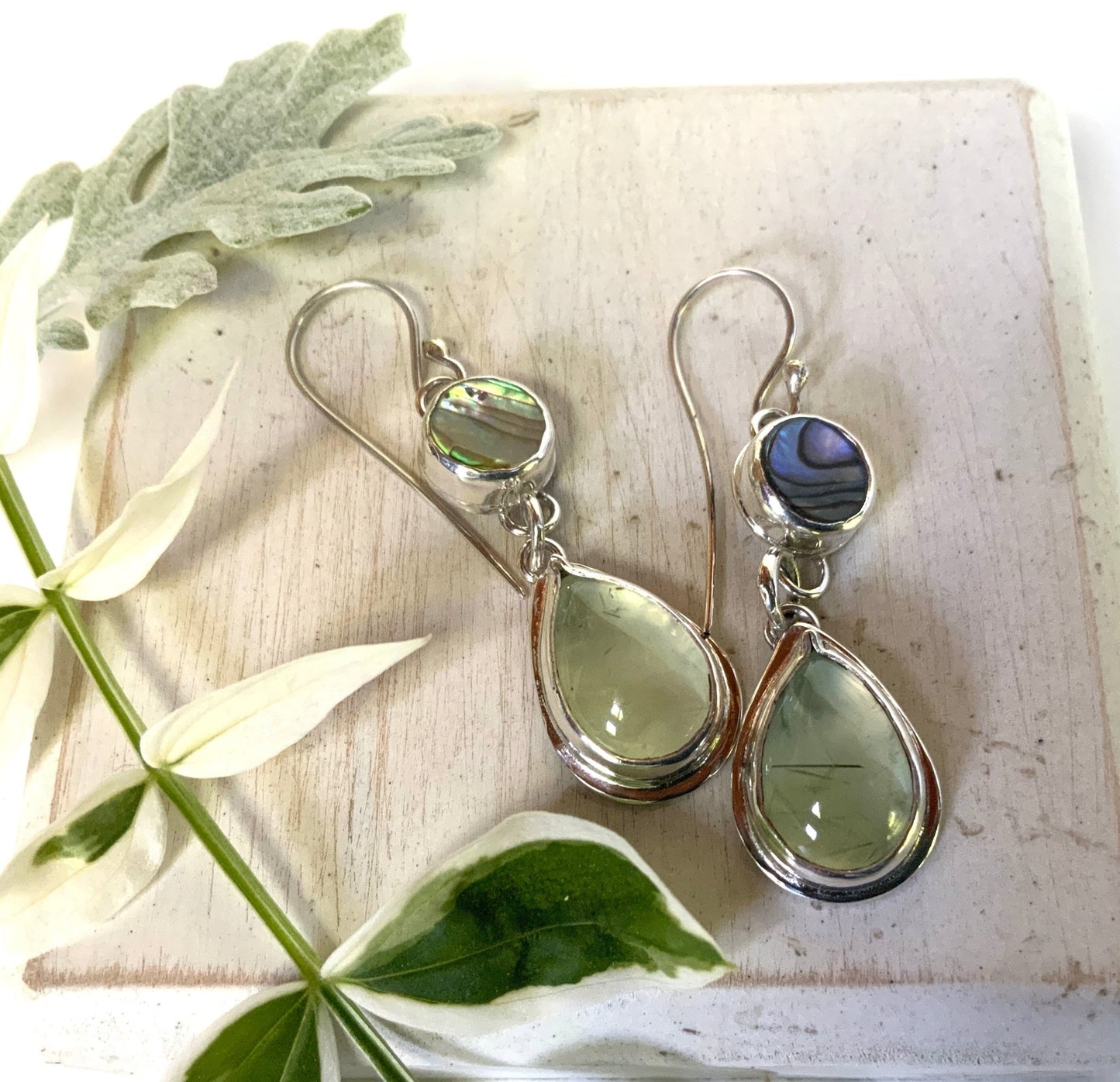 Prehnite & Abalone Drop Earrings - Stunning Blue-Green Mix - Evitts Creek Arts