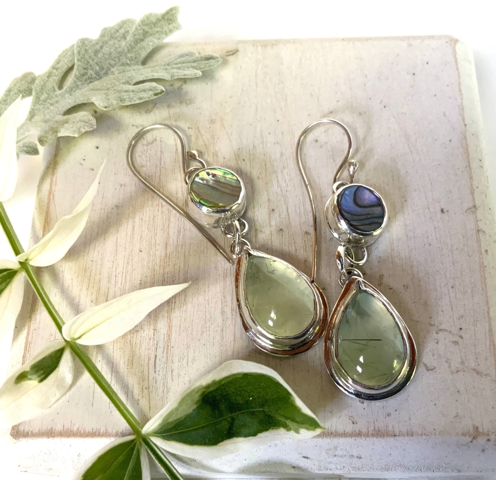Prehnite & Abalone Drop Earrings - Stunning Blue-Green Mix - Evitts Creek Arts