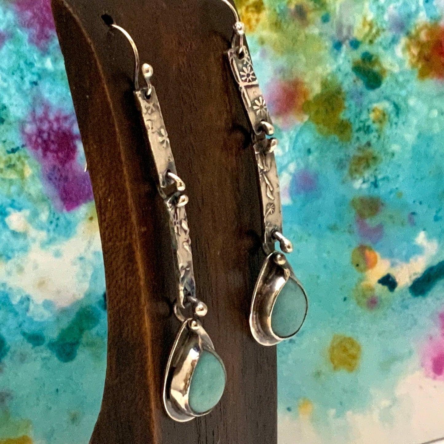 Amazonite Teardrop Embossed Silver Earrings - Evitts Creek Arts