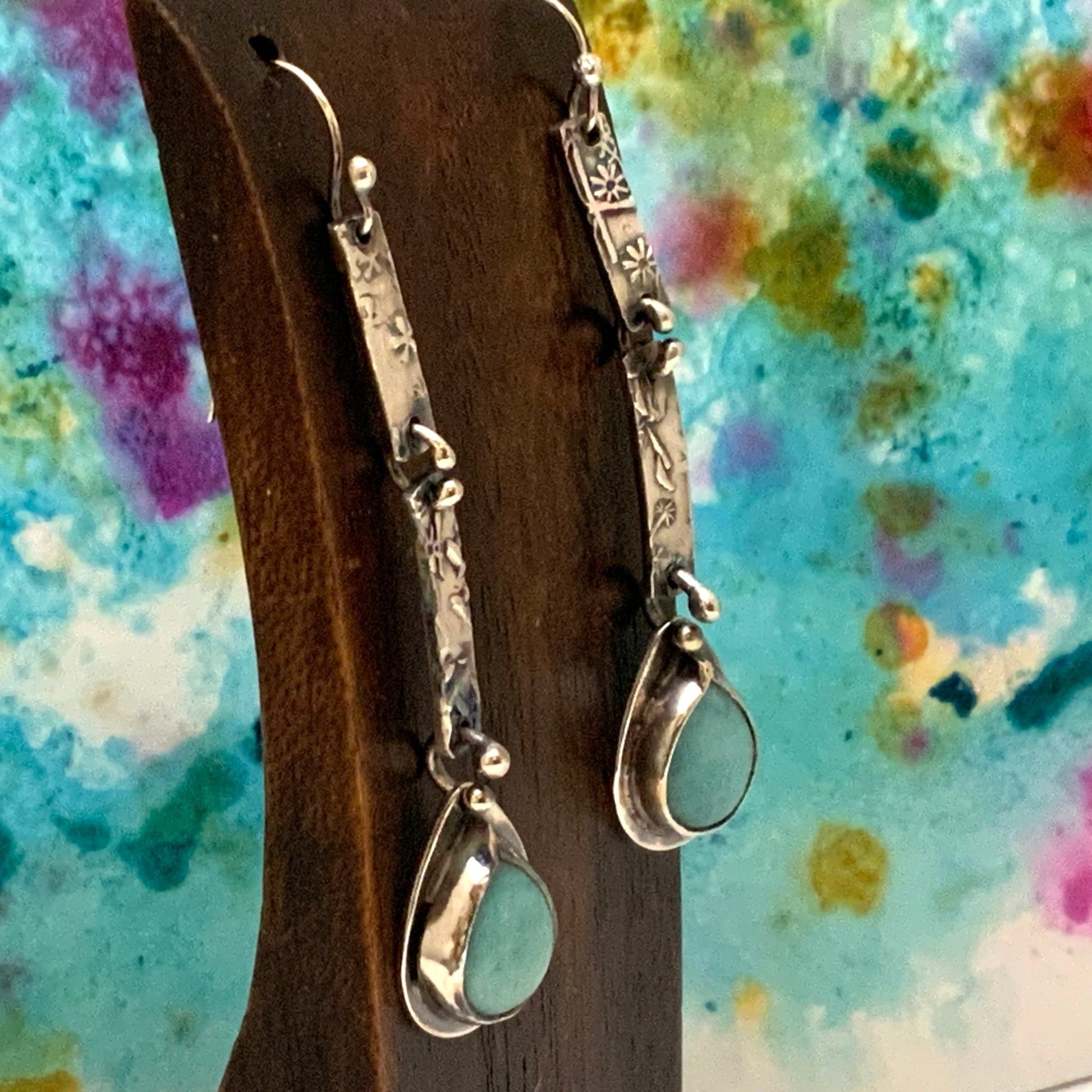 Amazonite Teardrop Embossed Silver Earrings - Evitts Creek Arts