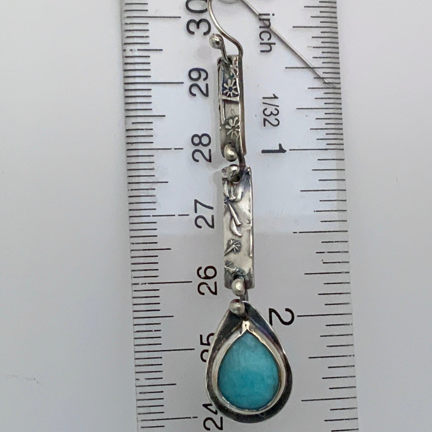 Amazonite Teardrop Embossed Silver Earrings - Evitts Creek Arts