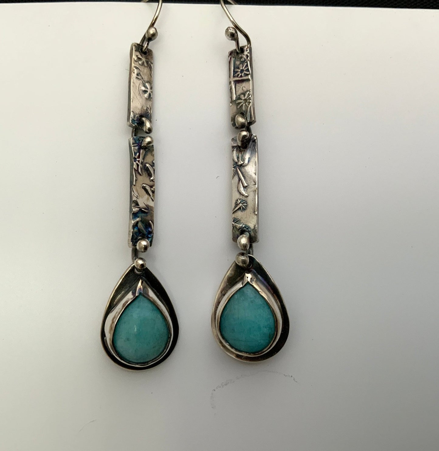 Amazonite Teardrop Embossed Silver Earrings - Evitts Creek Arts