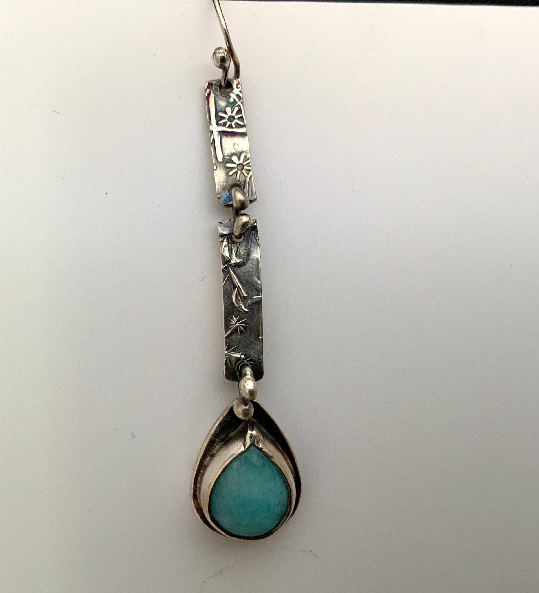 Amazonite Teardrop Embossed Silver Earrings - Evitts Creek Arts