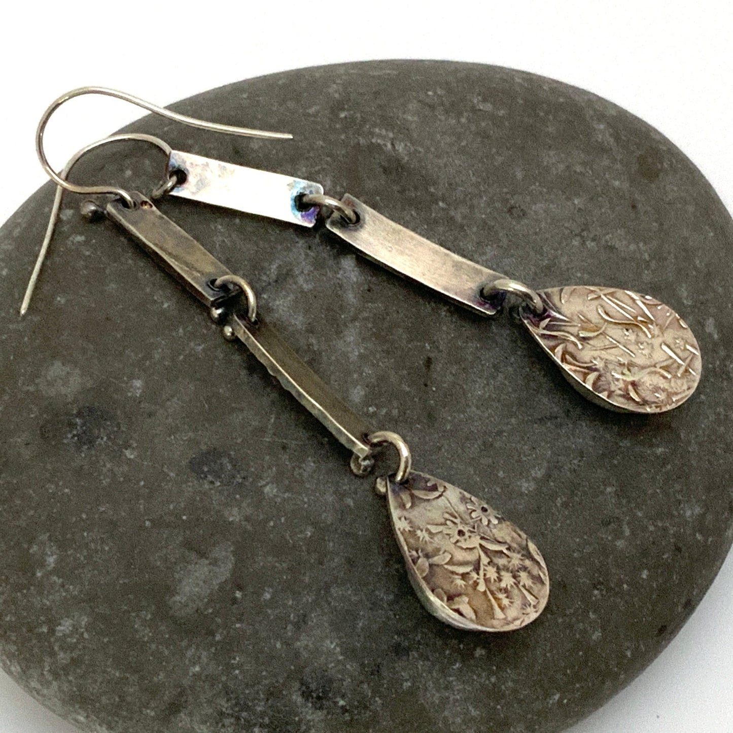 Amazonite Teardrop Embossed Silver Earrings - Evitts Creek Arts