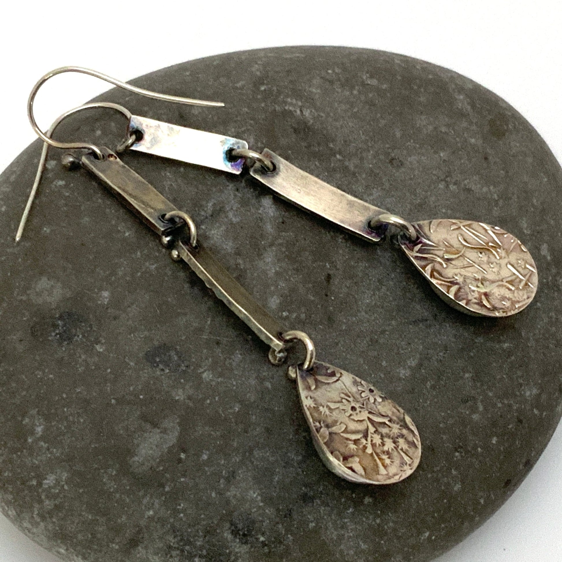 Amazonite Teardrop Embossed Silver Earrings - Evitts Creek Arts