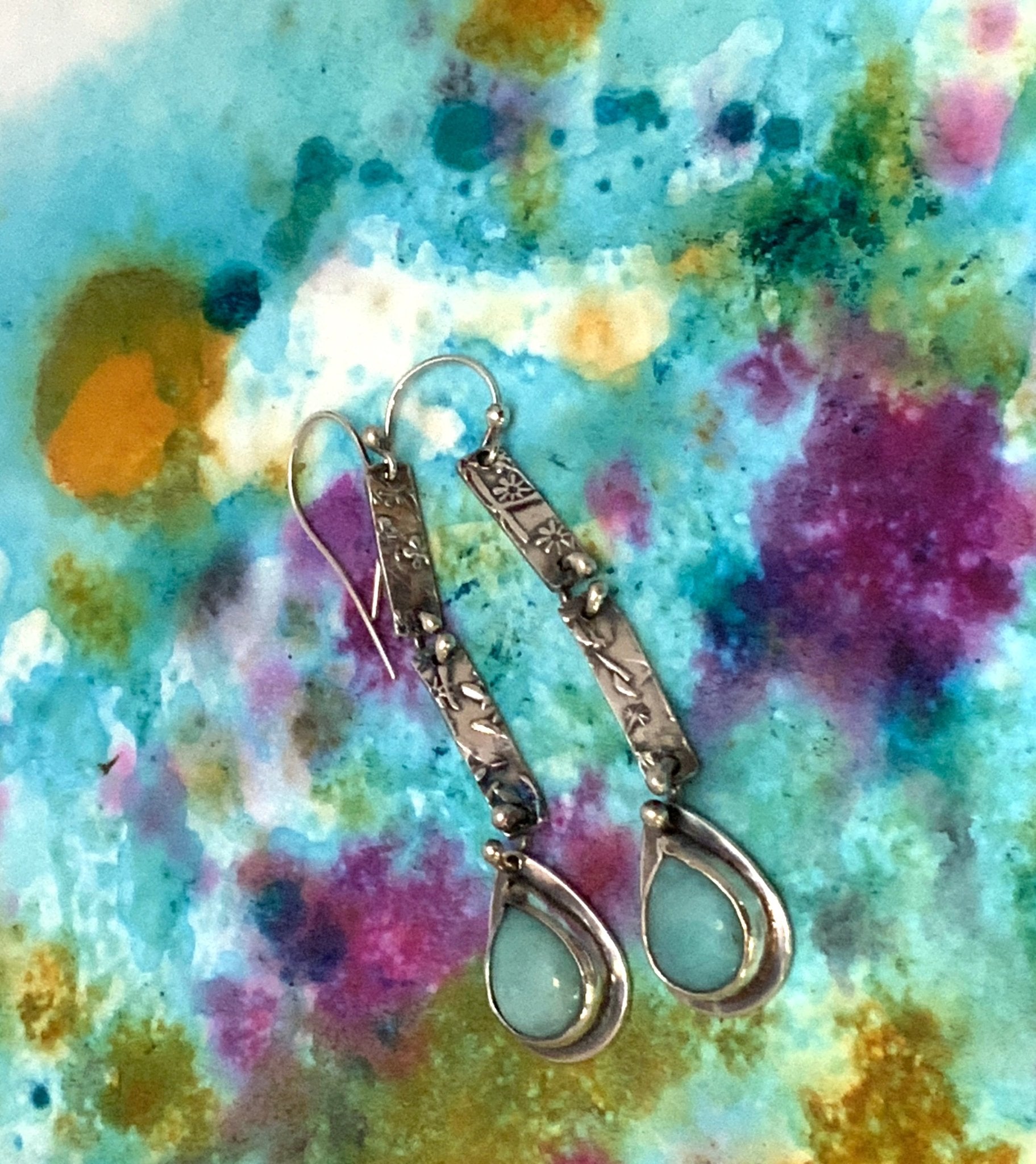 Amazonite Teardrop Embossed Silver Earrings - Evitts Creek Arts