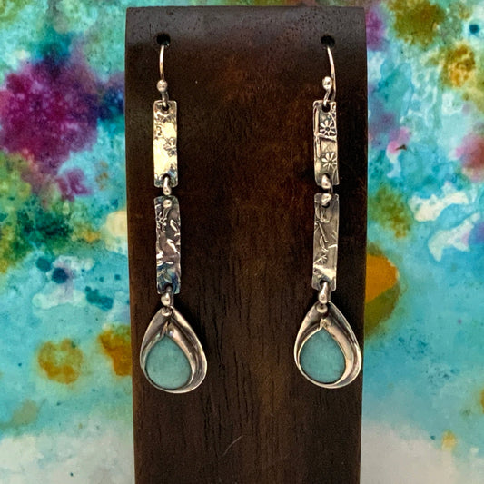 Amazonite Teardrop Embossed Silver Earrings - Evitts Creek Arts