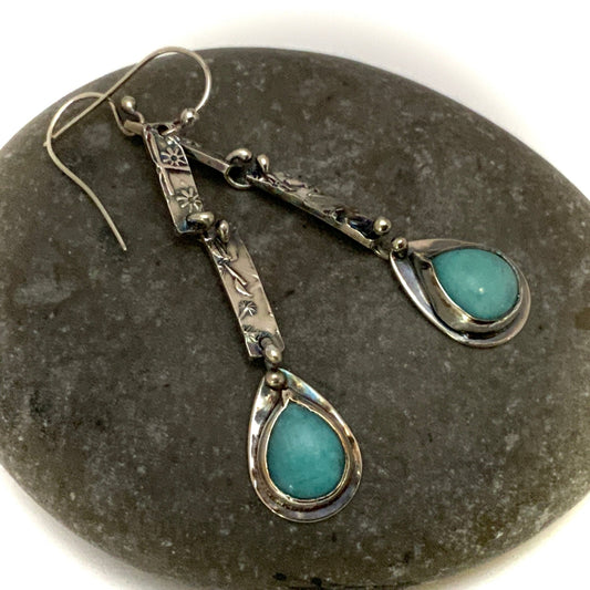 Amazonite Teardrop Embossed Silver Earrings - Evitts Creek Arts