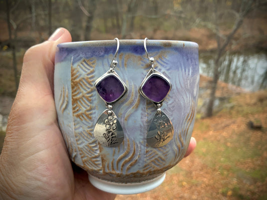 Amethyst Embossed Flower Sterling Artisan Earrings | Evitts Creek Arts - Evitts Creek Arts