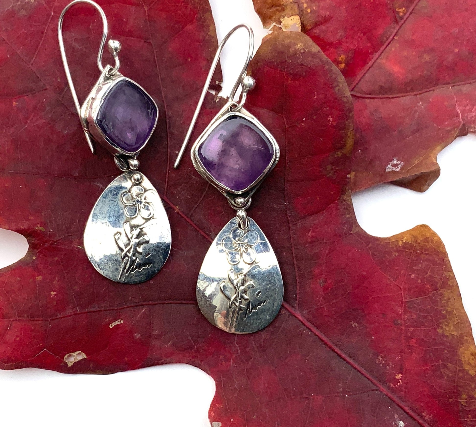 Amethyst Embossed Flower Sterling Artisan Earrings | Evitts Creek Arts - Evitts Creek Arts