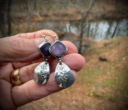 Amethyst Embossed Flower Sterling Artisan Earrings | Evitts Creek Arts - Evitts Creek Arts