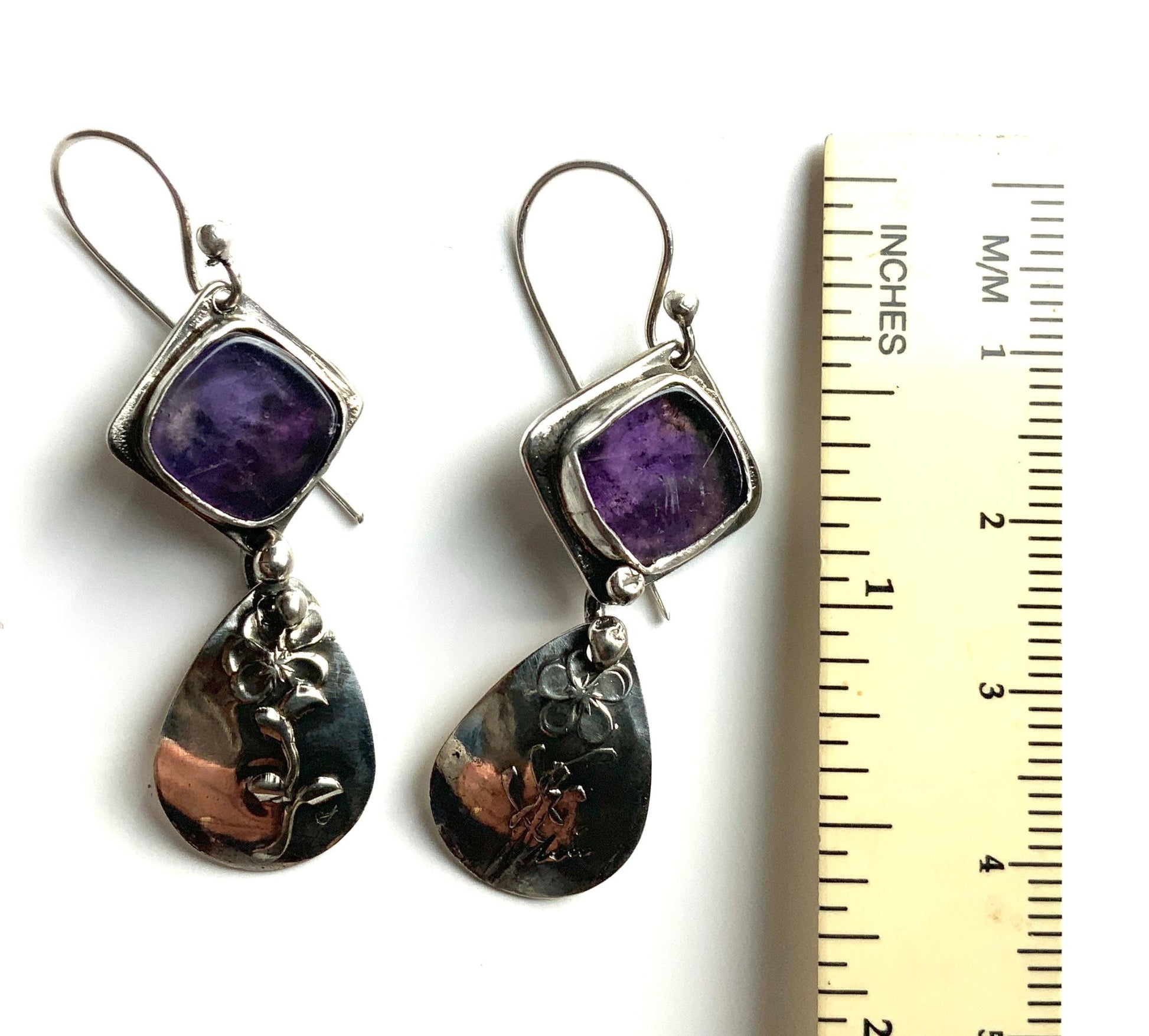 Amethyst Embossed Flower Sterling Artisan Earrings | Evitts Creek Arts - Evitts Creek Arts