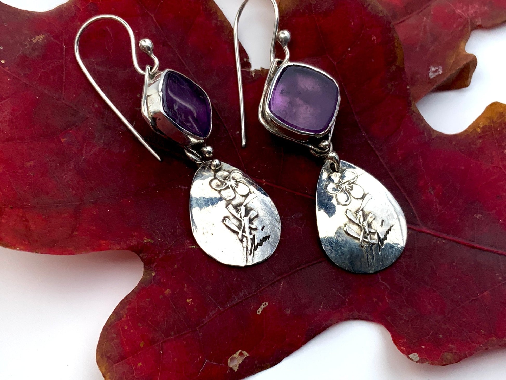 Amethyst Embossed Flower Sterling Artisan Earrings | Evitts Creek Arts - Evitts Creek Arts