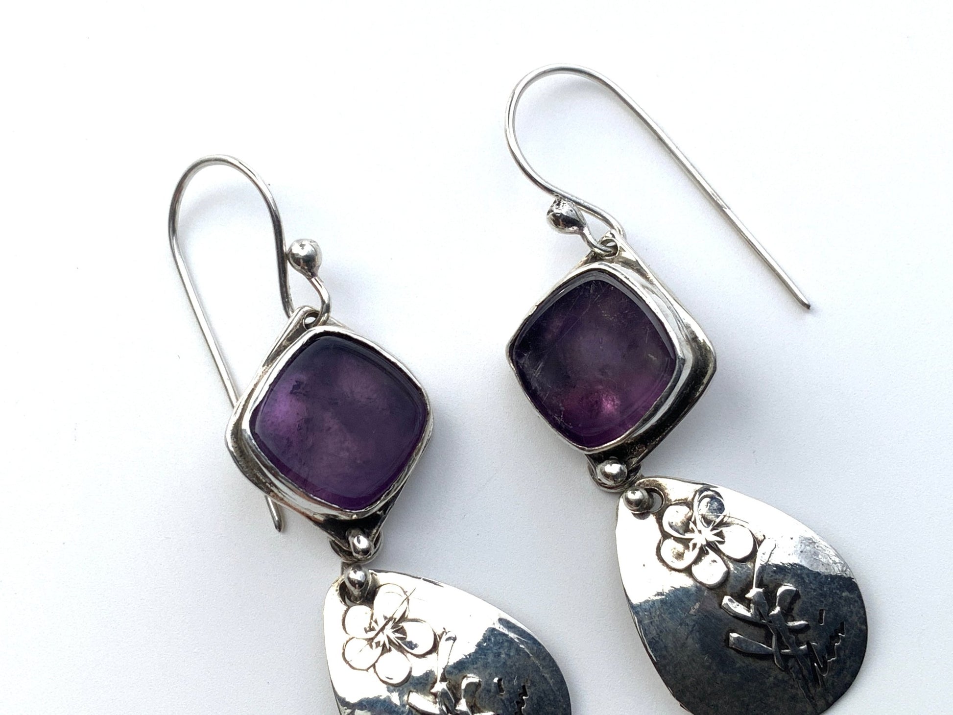 Amethyst Embossed Flower Sterling Artisan Earrings | Evitts Creek Arts - Evitts Creek Arts