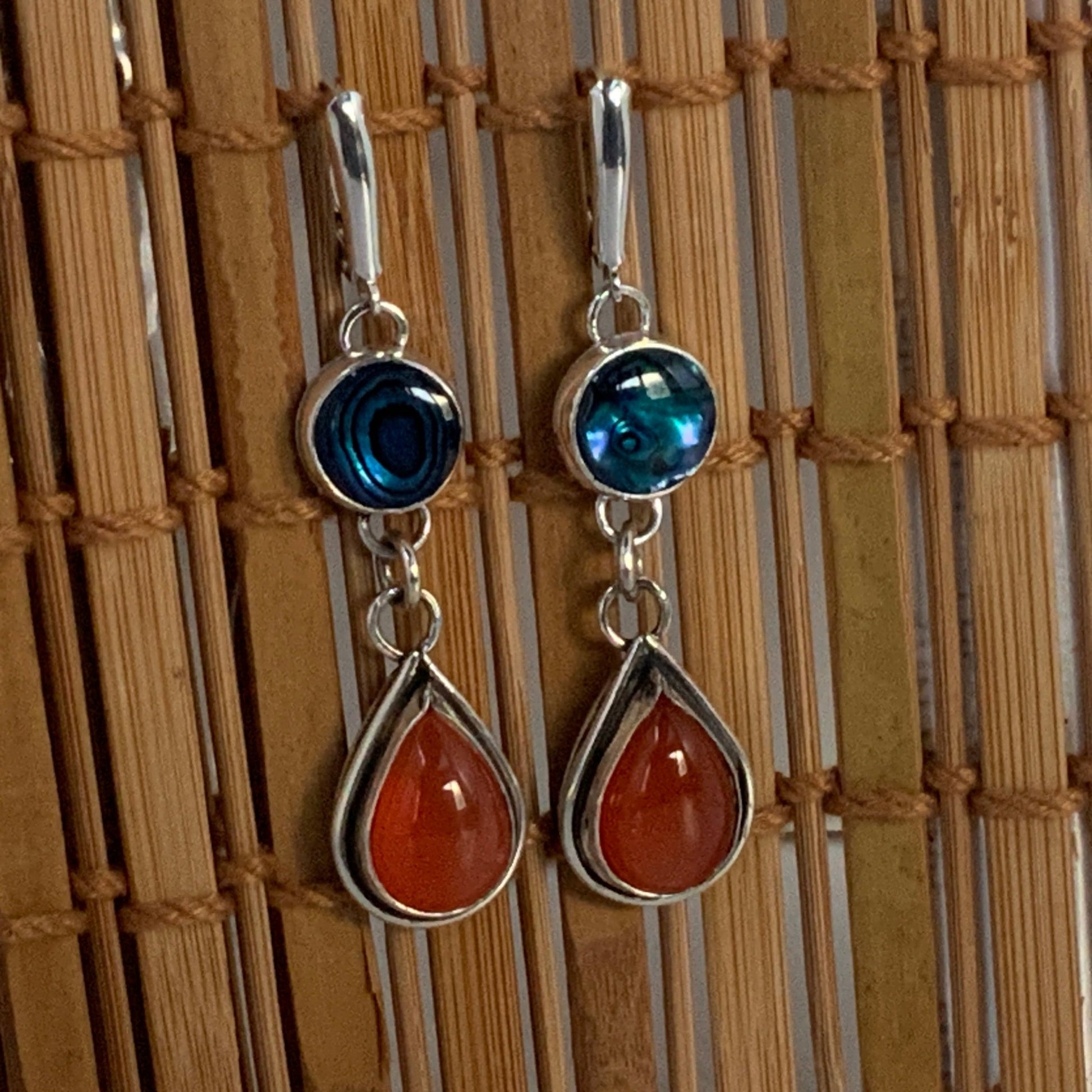 Carnelian and Abalone Drop Dangle Earrings - Evitts Creek Arts