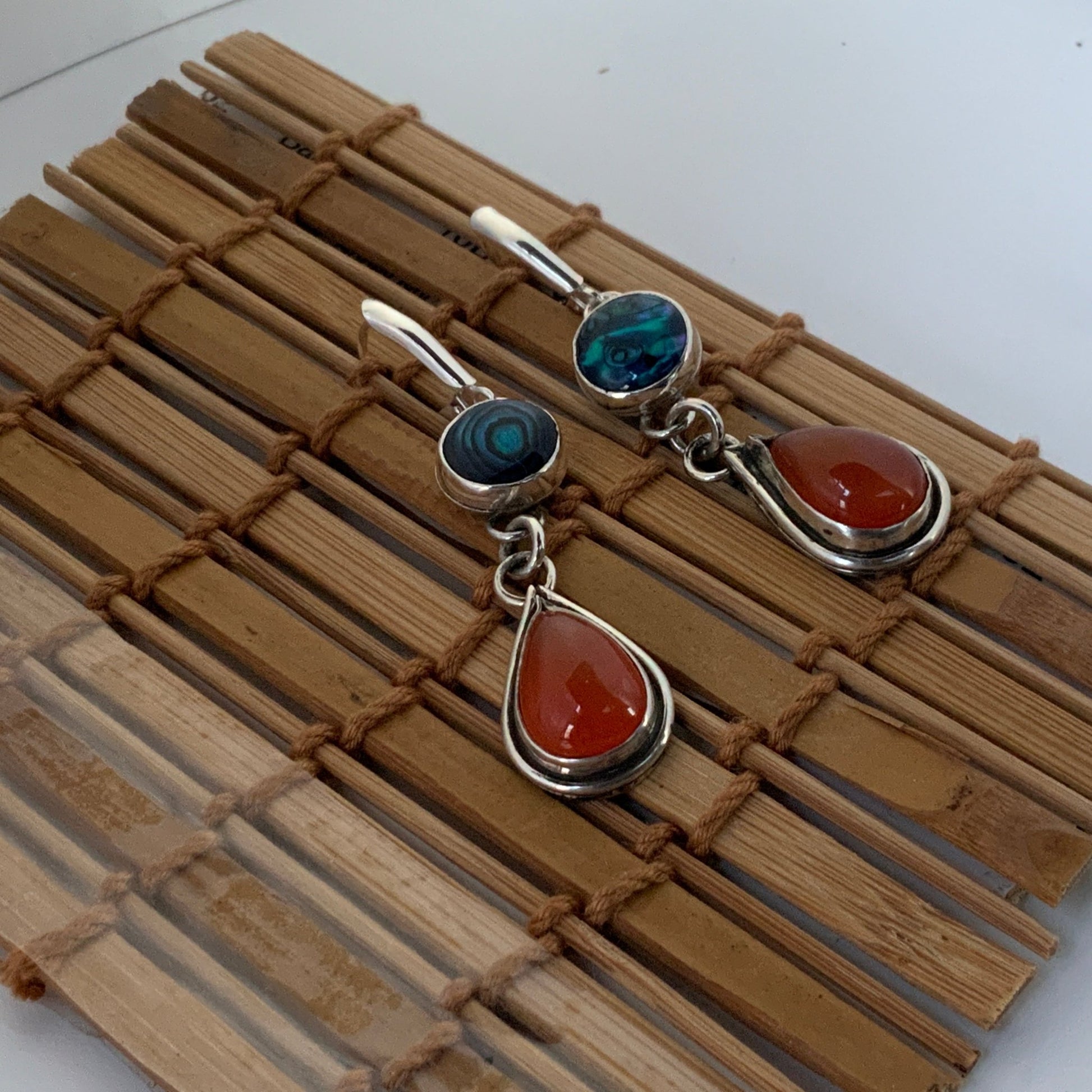 Carnelian and Abalone Drop Dangle Earrings - Evitts Creek Arts