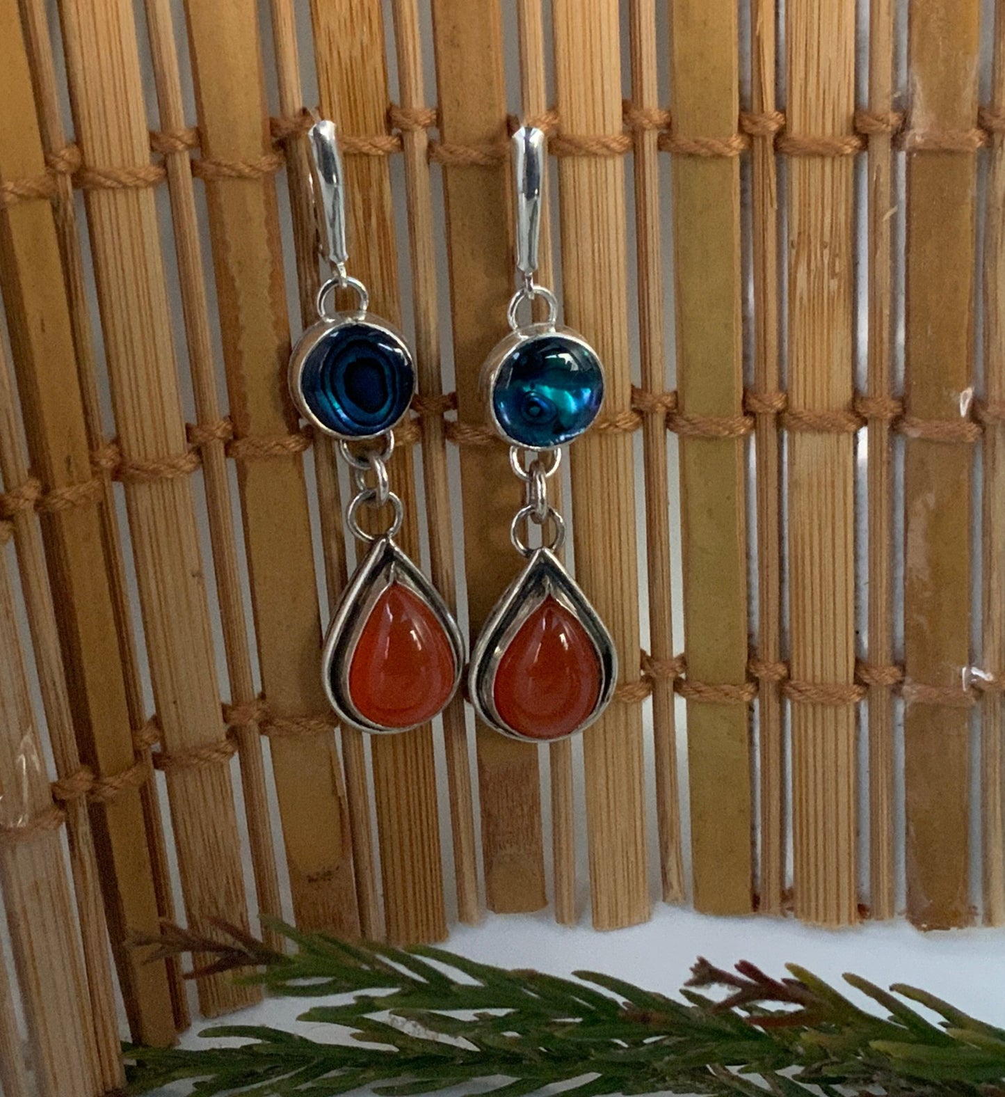 Carnelian and Abalone Drop Dangle Earrings - Evitts Creek Arts
