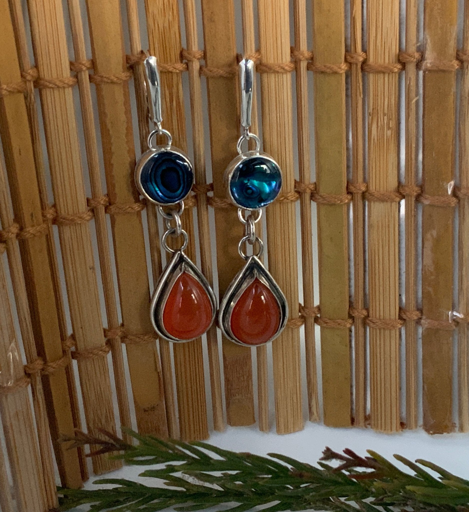 Carnelian and Abalone Drop Dangle Earrings - Evitts Creek Arts
