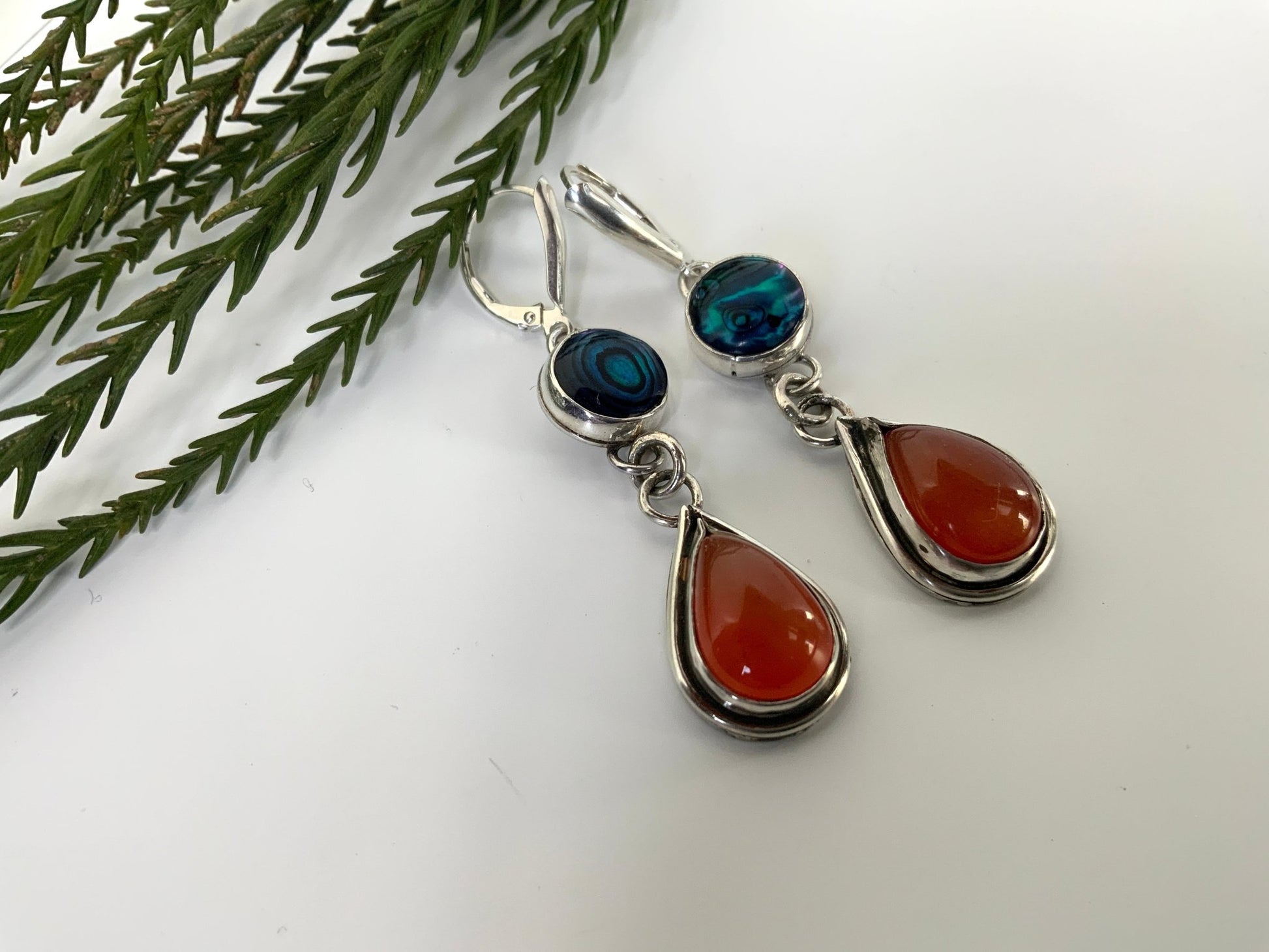 Carnelian and Abalone Drop Dangle Earrings - Evitts Creek Arts