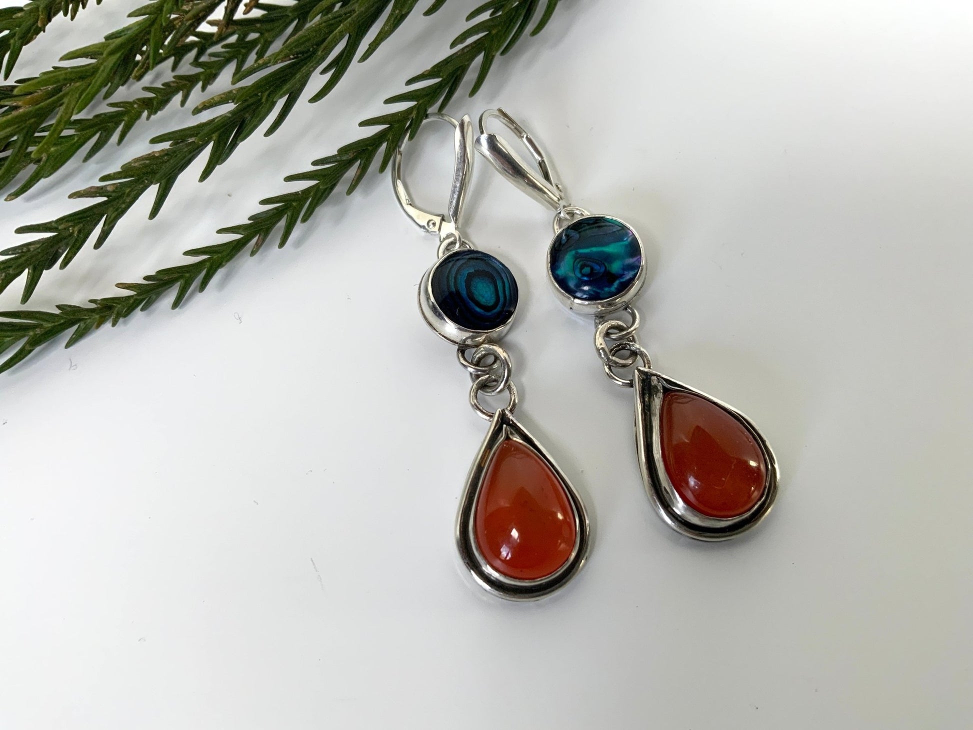 Carnelian and Abalone Drop Dangle Earrings - Evitts Creek Arts