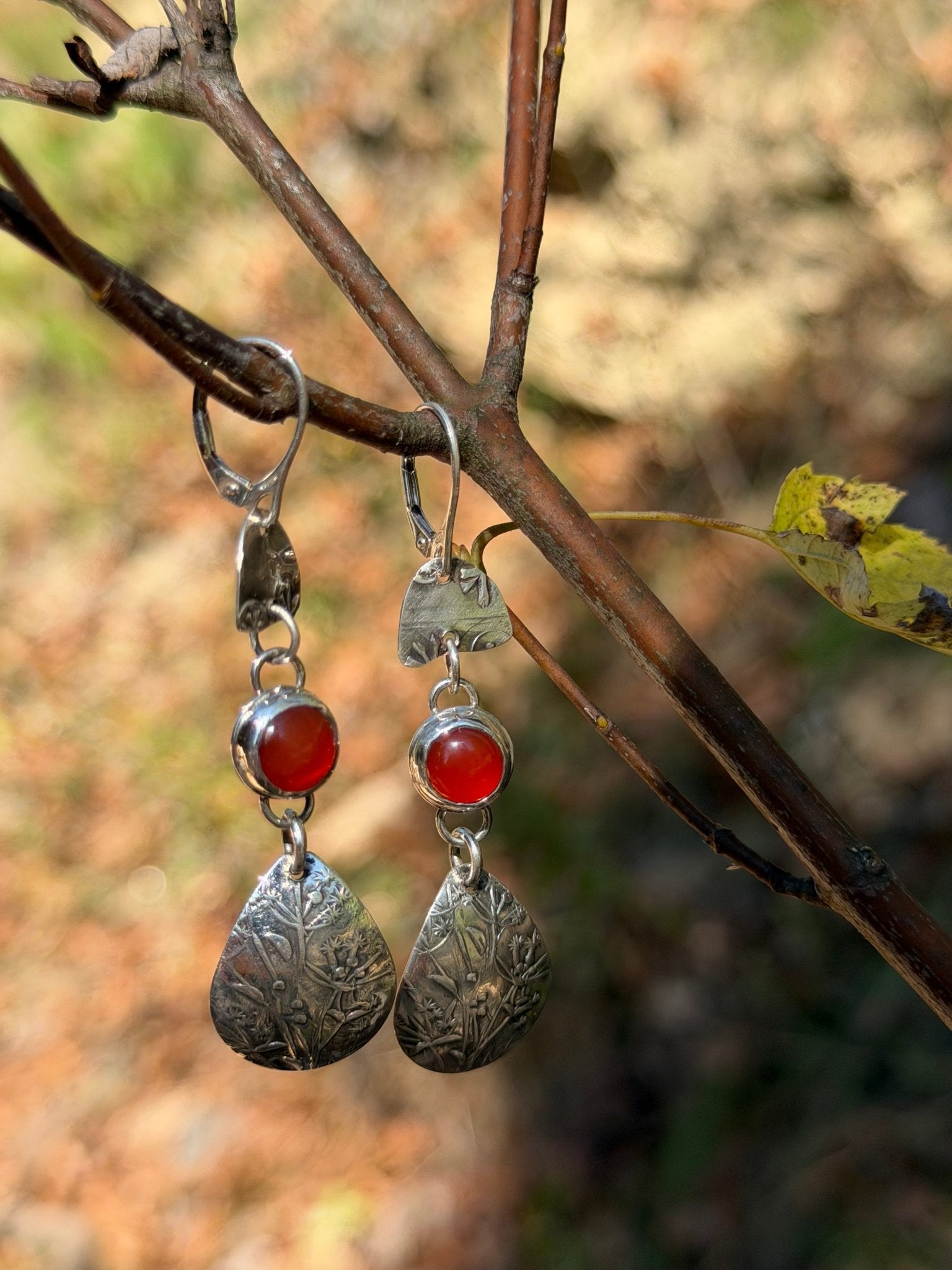 Carnelian and Wildflower Drop Earrings| Sterling Silver - Evitts Creek Arts