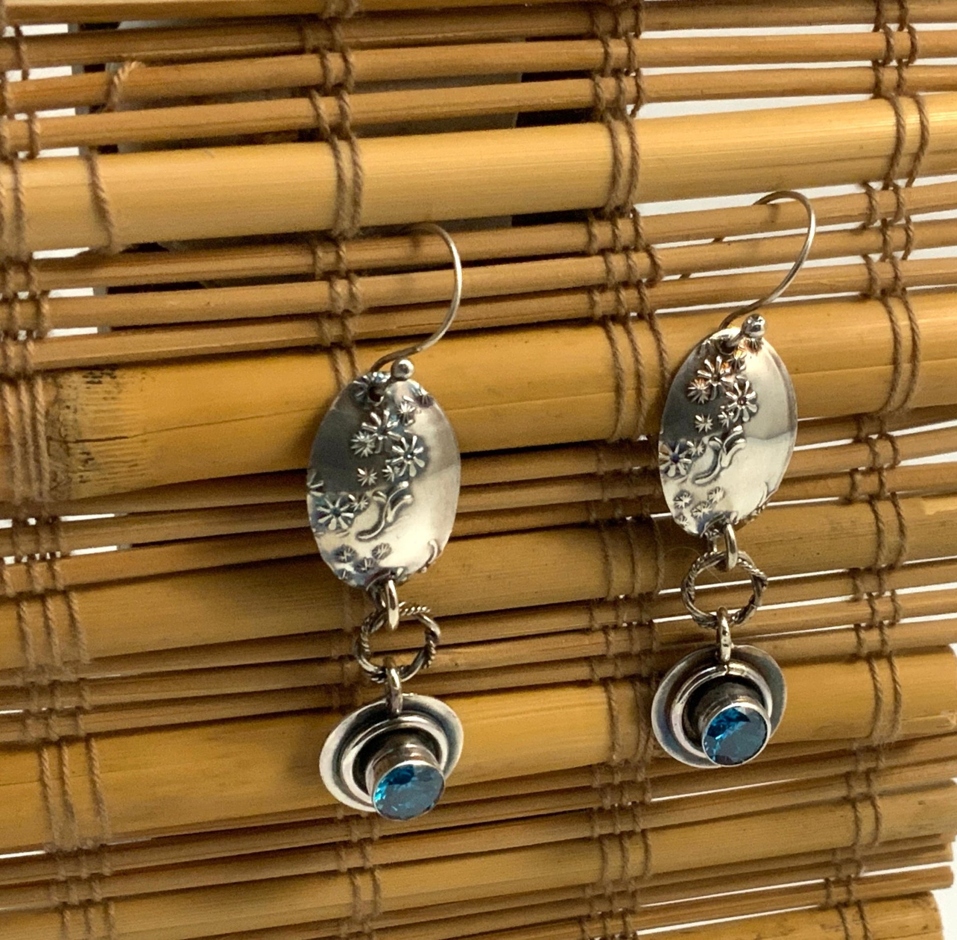 Deep Aquamarine CZ Embossed Silver Earrings - Evitts Creek Arts