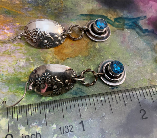 Deep Aquamarine CZ Embossed Silver Earrings - Evitts Creek Arts