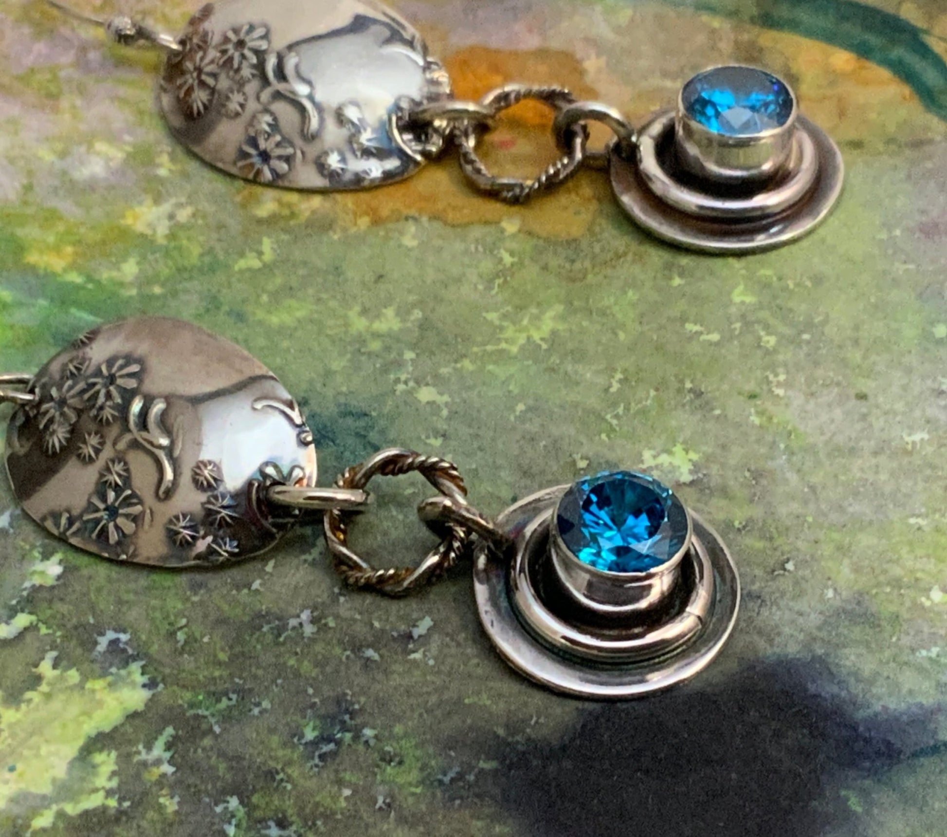 Deep Aquamarine CZ Embossed Silver Earrings - Evitts Creek Arts