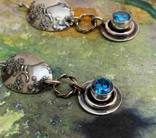 Deep Aquamarine CZ Embossed Silver Earrings - Evitts Creek Arts