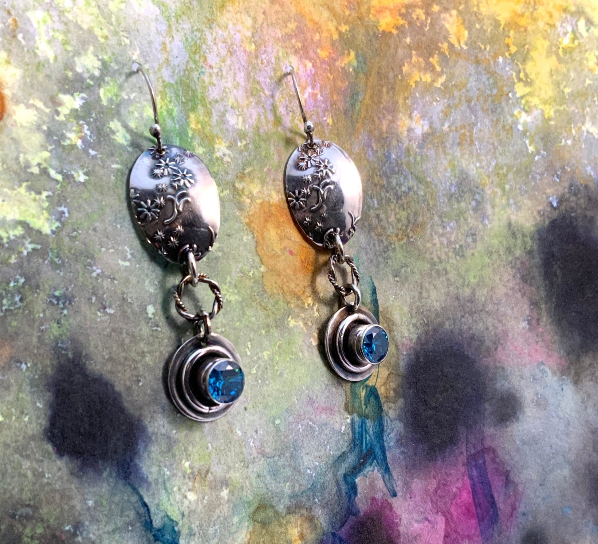 Deep Aquamarine CZ Embossed Silver Earrings - Evitts Creek Arts