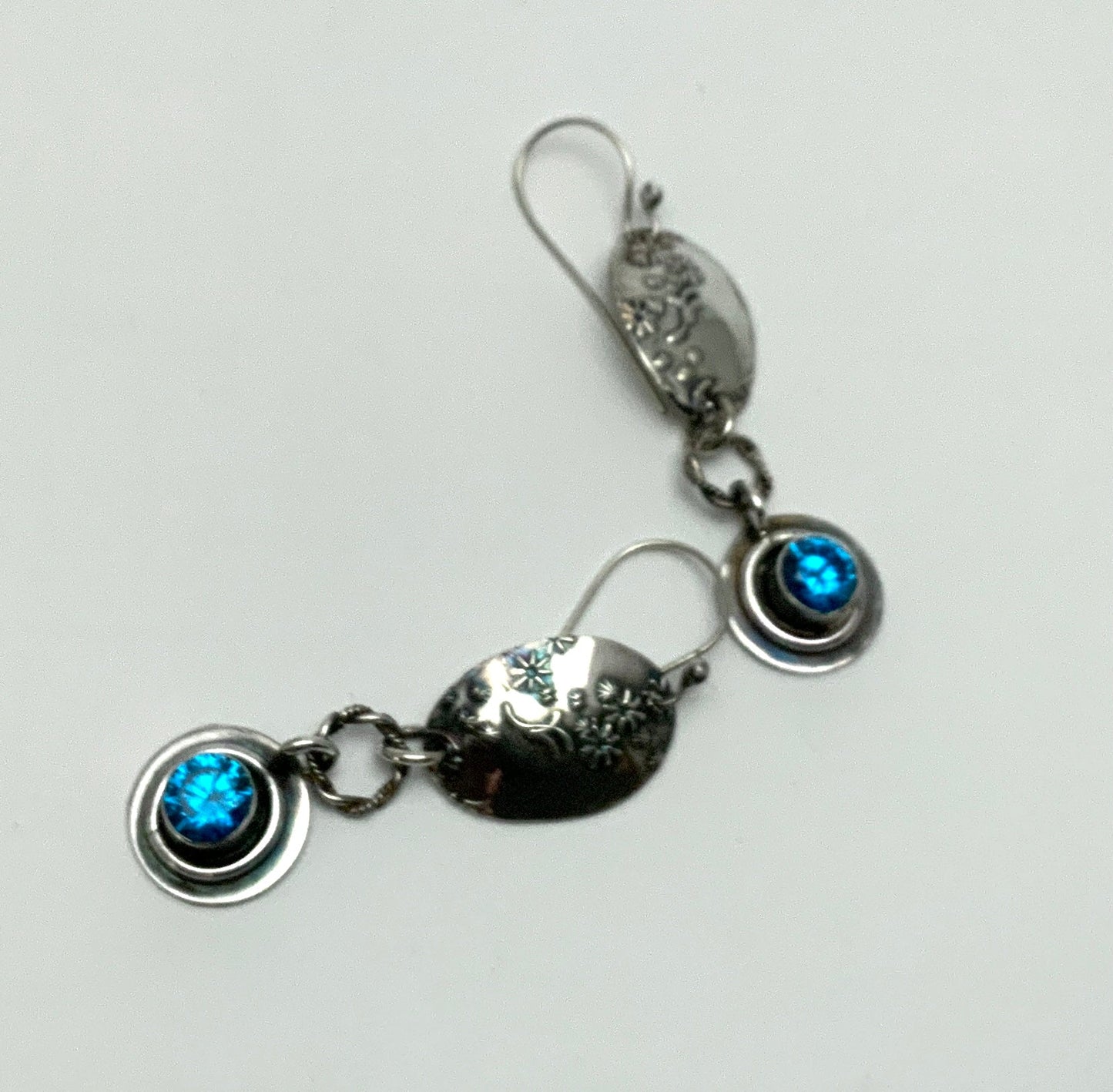 Deep Aquamarine CZ Embossed Silver Earrings - Evitts Creek Arts