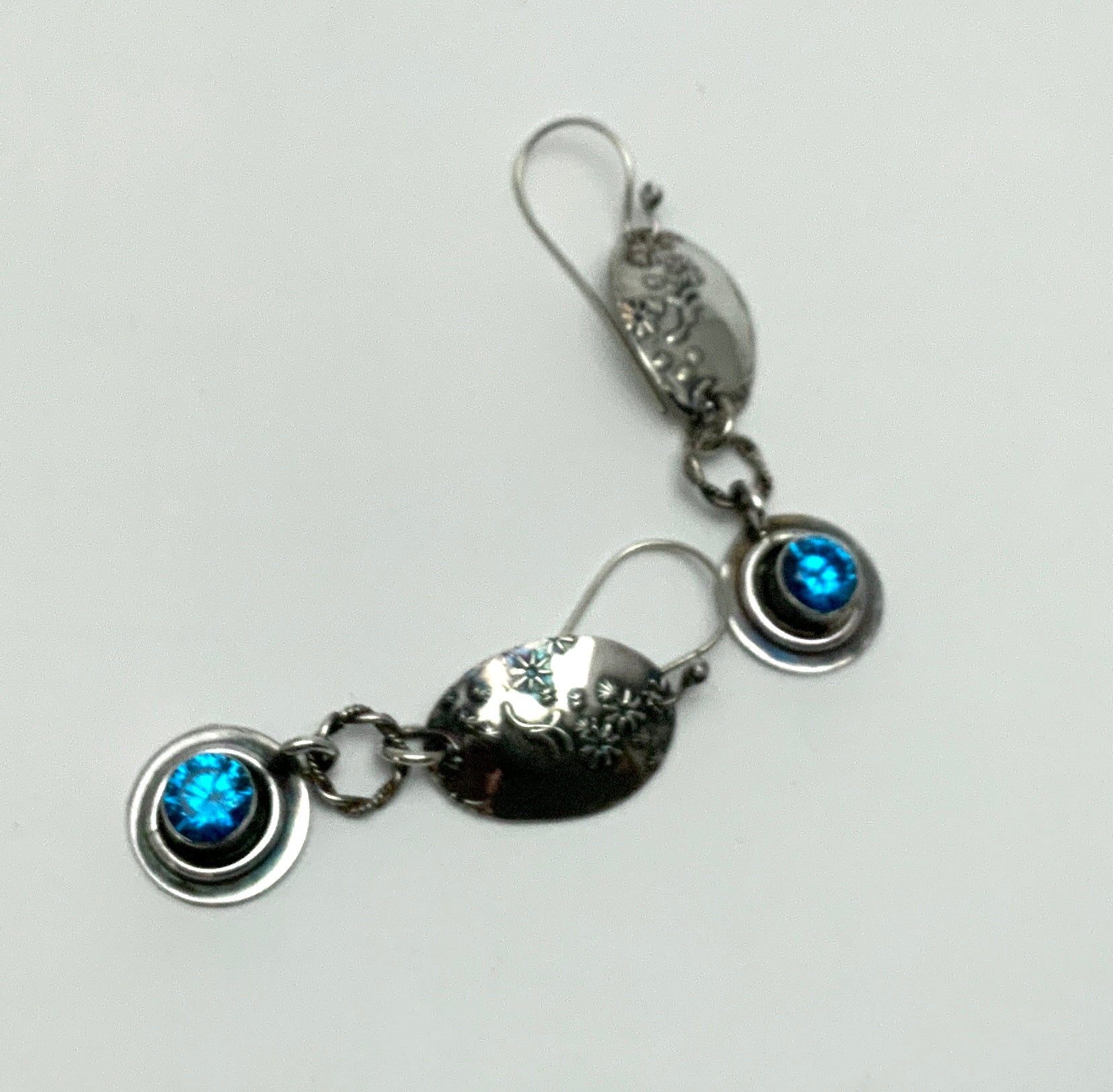 Deep Aquamarine CZ Embossed Silver Earrings - Evitts Creek Arts