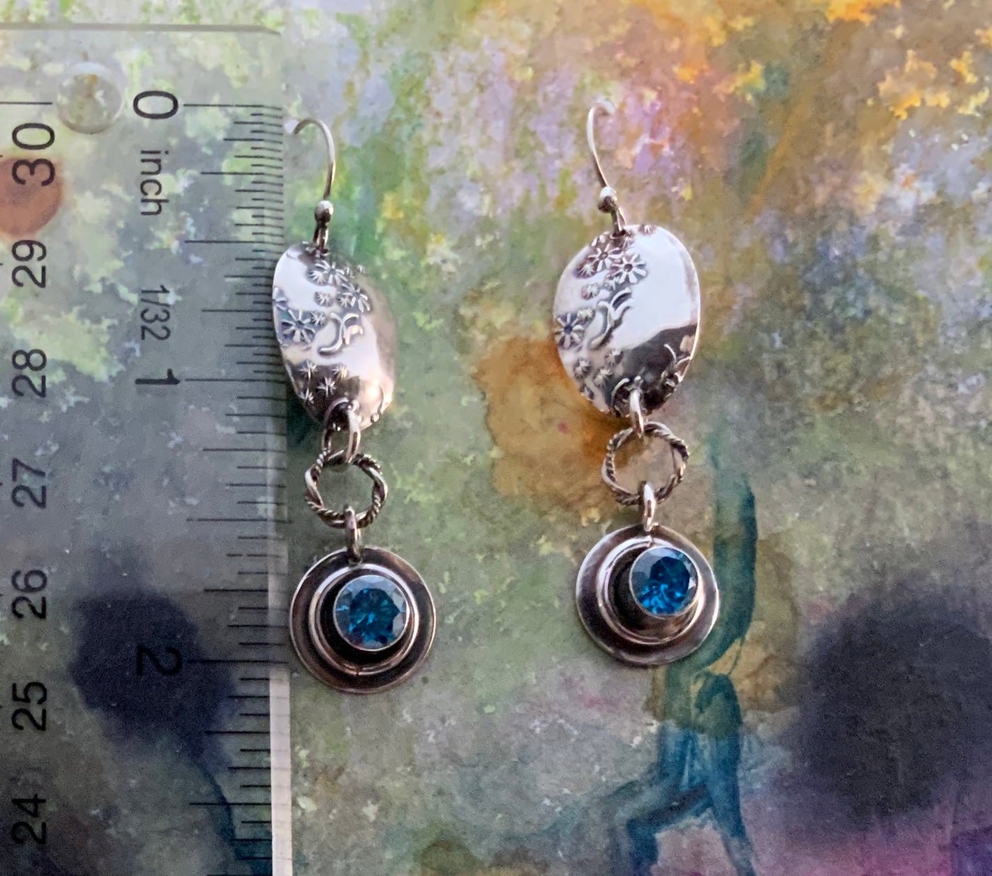 Deep Aquamarine CZ Embossed Silver Earrings - Evitts Creek Arts