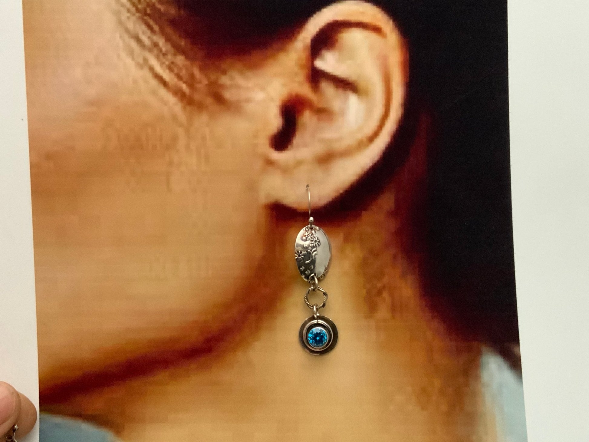 Deep Aquamarine CZ Embossed Silver Earrings - Evitts Creek Arts