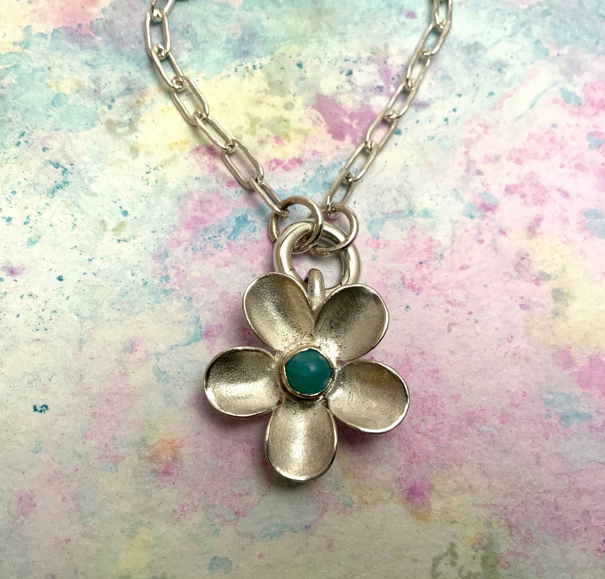 Gemstone Hand - forged Silver Flower Pendant Necklace - Evitts Creek Arts