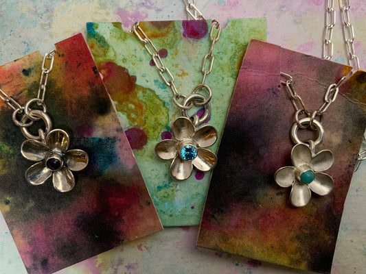 Gemstone Hand - forged Silver Flower Pendant Necklace - Evitts Creek Arts