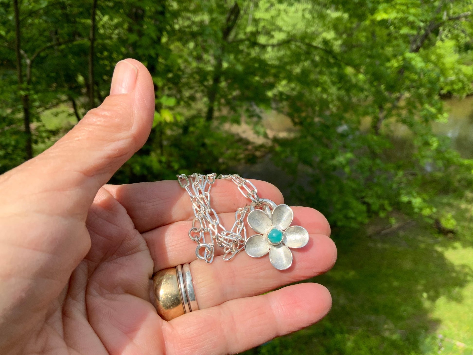 Gemstone Hand - forged Silver Flower Pendant Necklace - Evitts Creek Arts