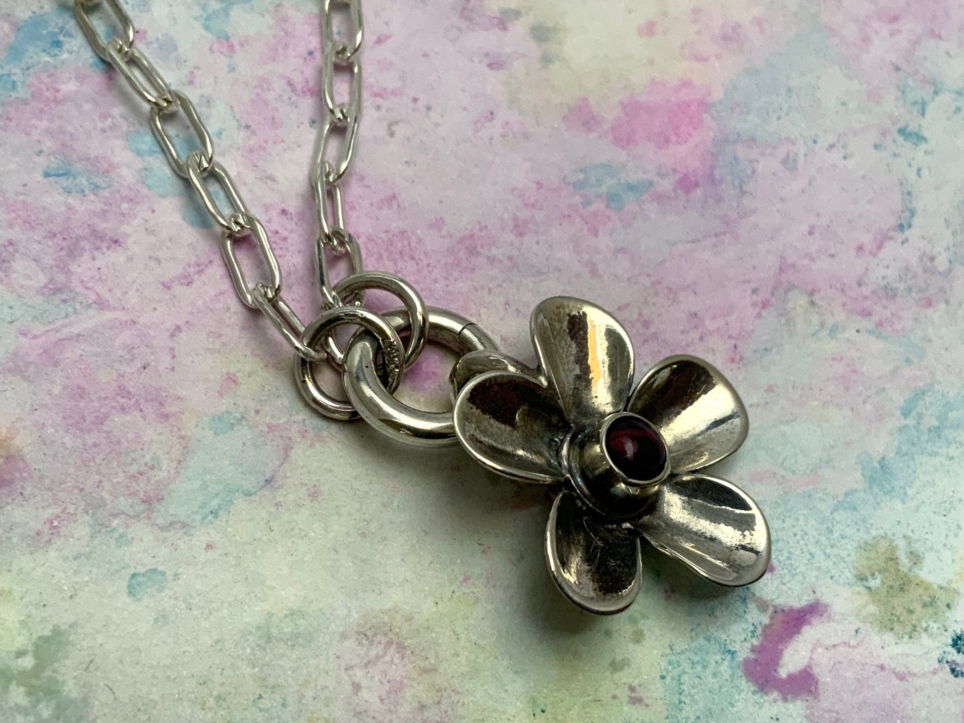 Gemstone Hand - forged Silver Flower Pendant Necklace - Evitts Creek Arts