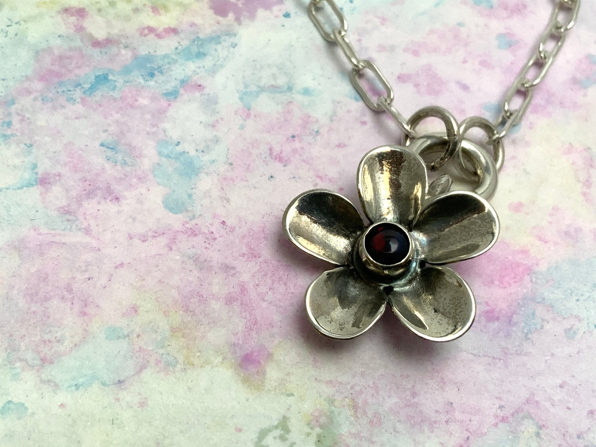 Gemstone Hand - forged Silver Flower Pendant Necklace - Evitts Creek Arts