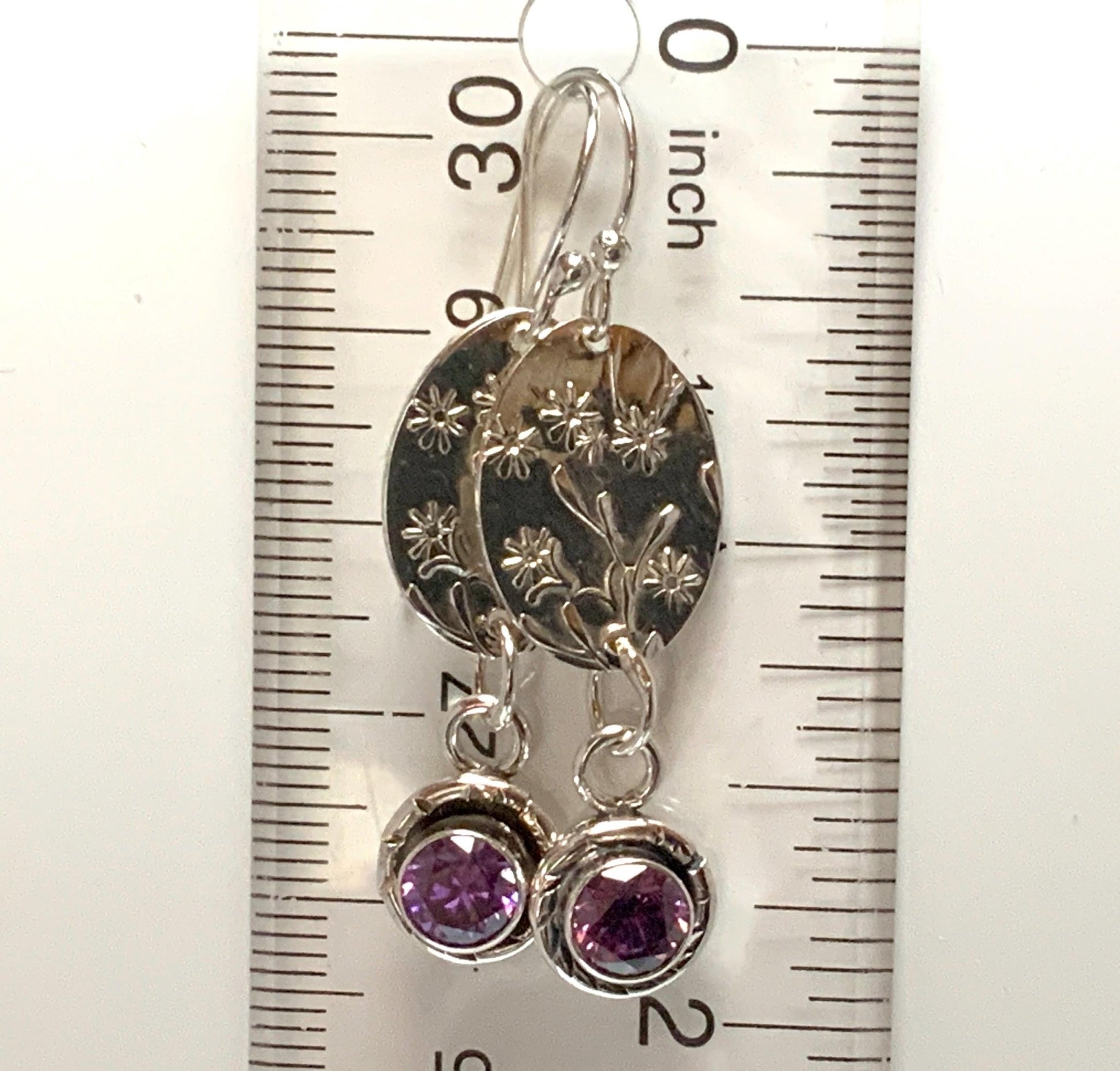 Handmade Sterling Silver Earrings with Embossed Art Nouveau Pattern and Purple Amethyst Accent - Bohemian 1920s Inspired Jewelry - Evitts Creek Arts