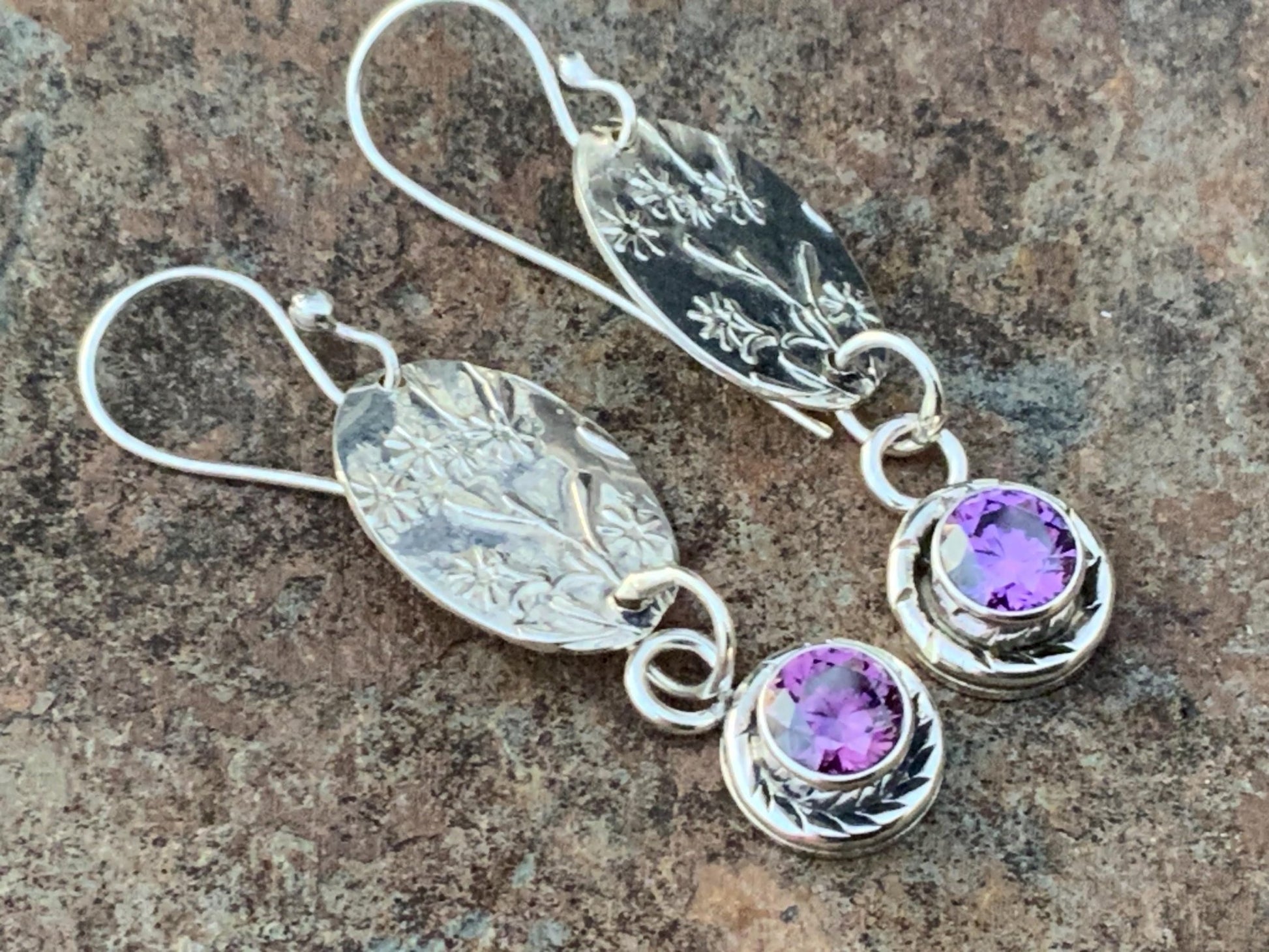 Handmade Sterling Silver Earrings with Embossed Art Nouveau Pattern and Purple Amethyst Accent - Bohemian 1920s Inspired Jewelry - Evitts Creek Arts