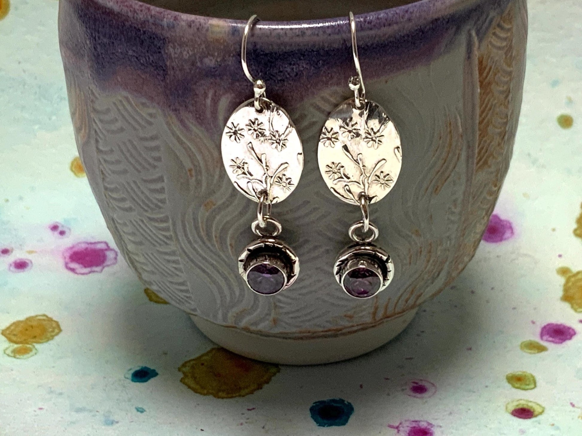 Handmade Sterling Silver Earrings with Embossed Art Nouveau Pattern and Purple Amethyst Accent - Bohemian 1920s Inspired Jewelry - Evitts Creek Arts