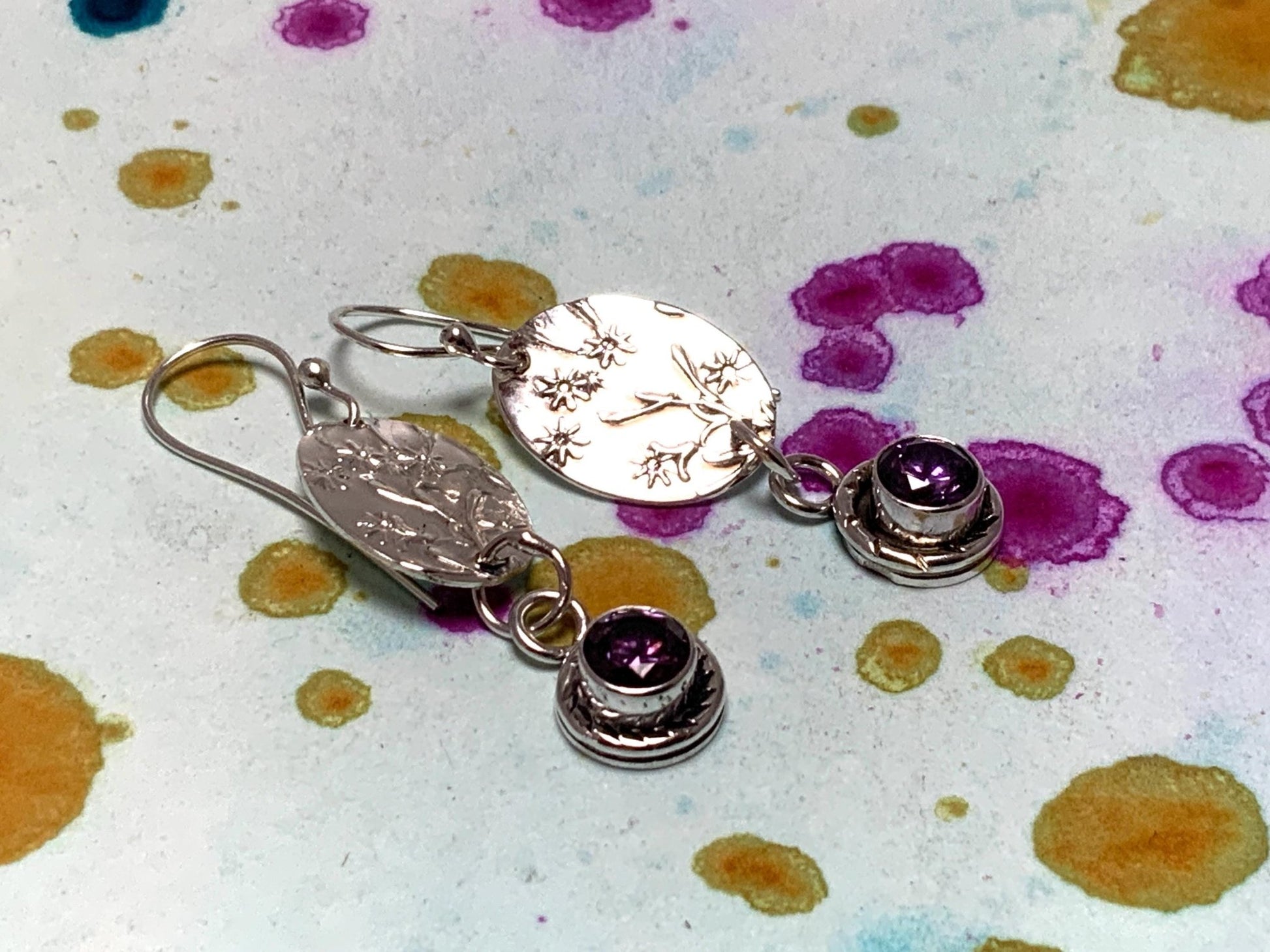Handmade Sterling Silver Earrings with Embossed Art Nouveau Pattern and Purple Amethyst Accent - Bohemian 1920s Inspired Jewelry - Evitts Creek Arts