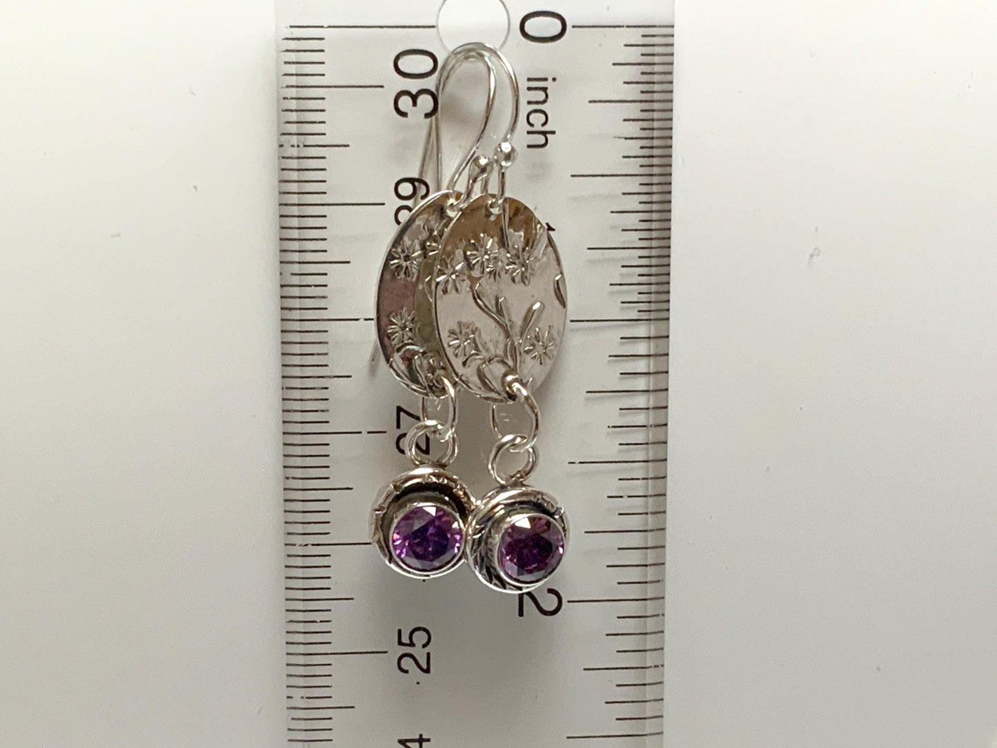 Handmade Sterling Silver Earrings with Embossed Art Nouveau Pattern and Purple Amethyst Accent - Bohemian 1920s Inspired Jewelry - Evitts Creek Arts