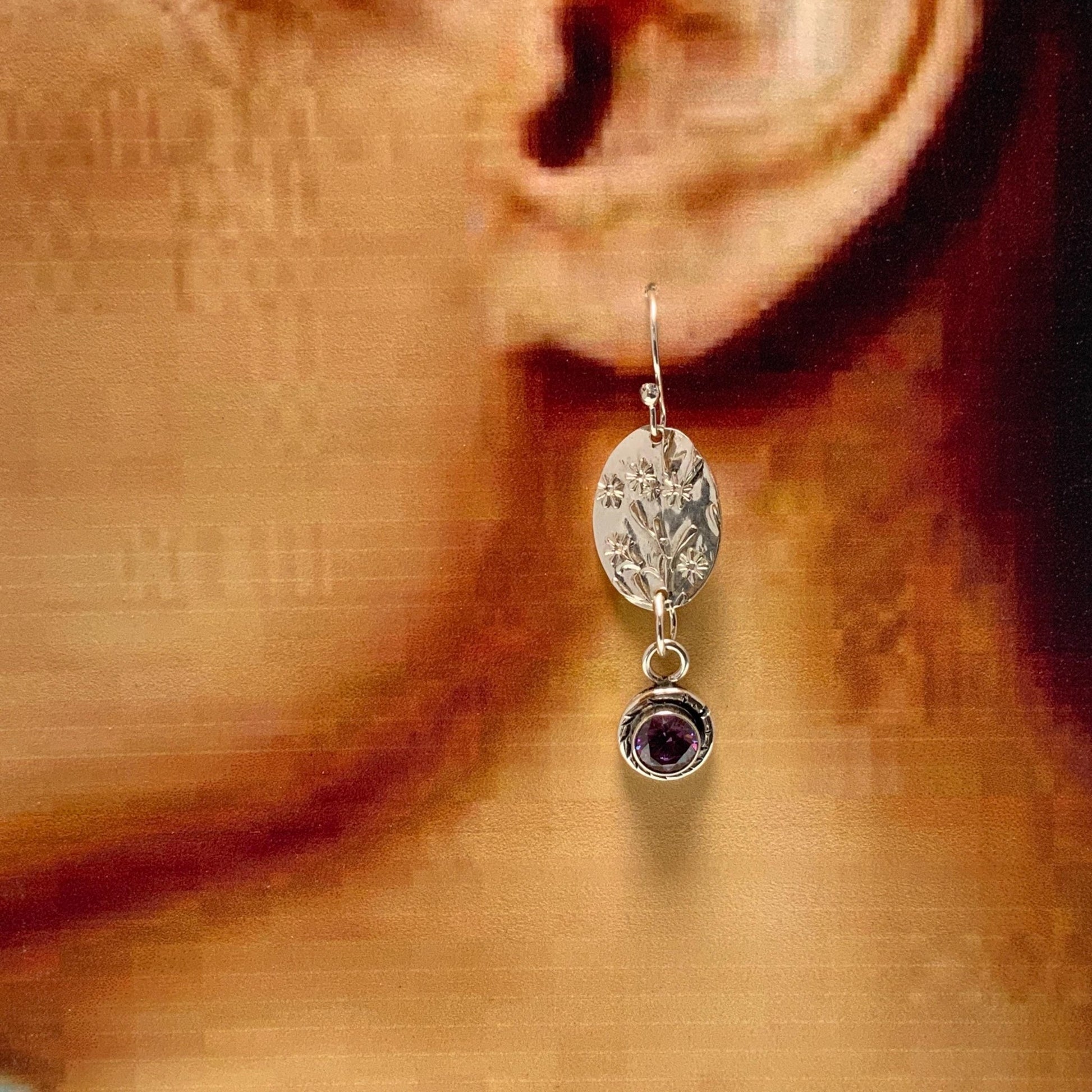 Handmade Sterling Silver Earrings with Embossed Art Nouveau Pattern and Purple Amethyst Accent - Bohemian 1920s Inspired Jewelry - Evitts Creek Arts