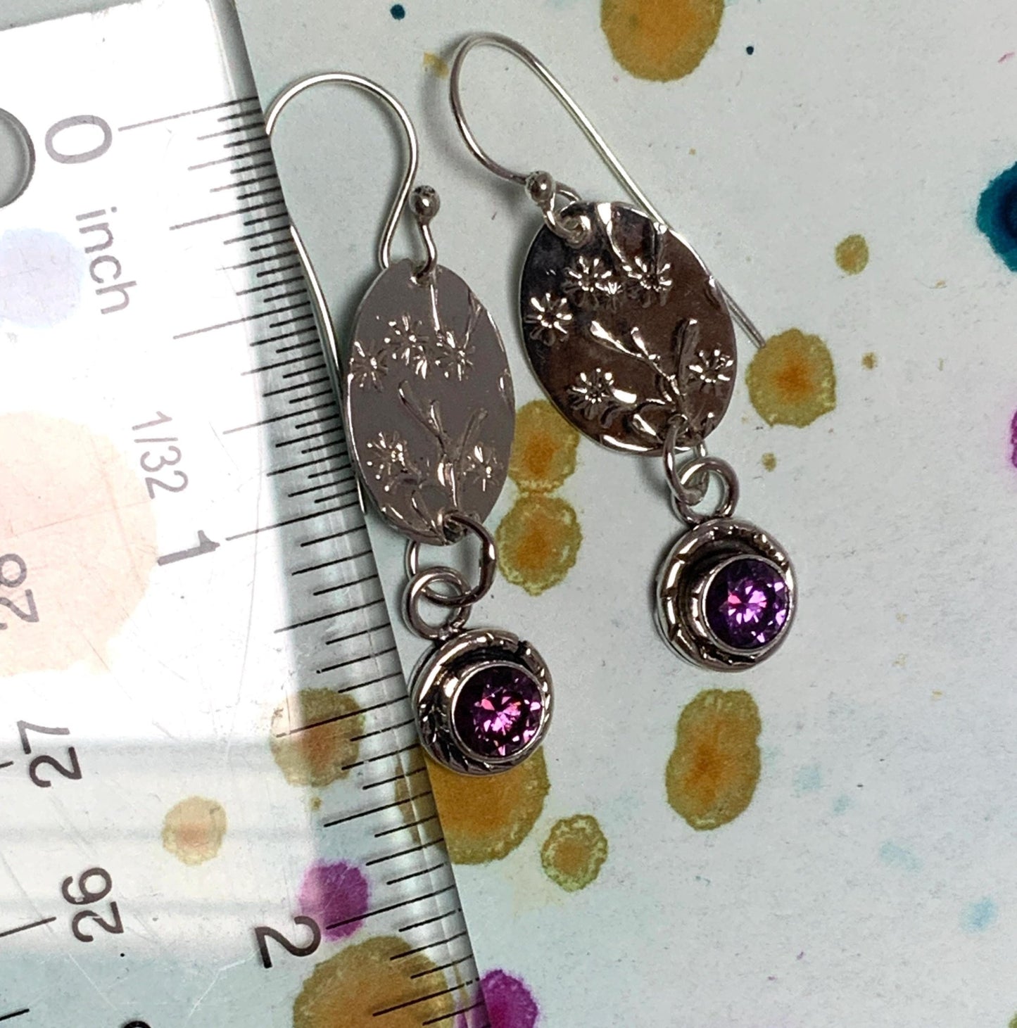 Handmade Sterling Silver Earrings with Embossed Art Nouveau Pattern and Purple Amethyst Accent - Bohemian 1920s Inspired Jewelry - Evitts Creek Arts