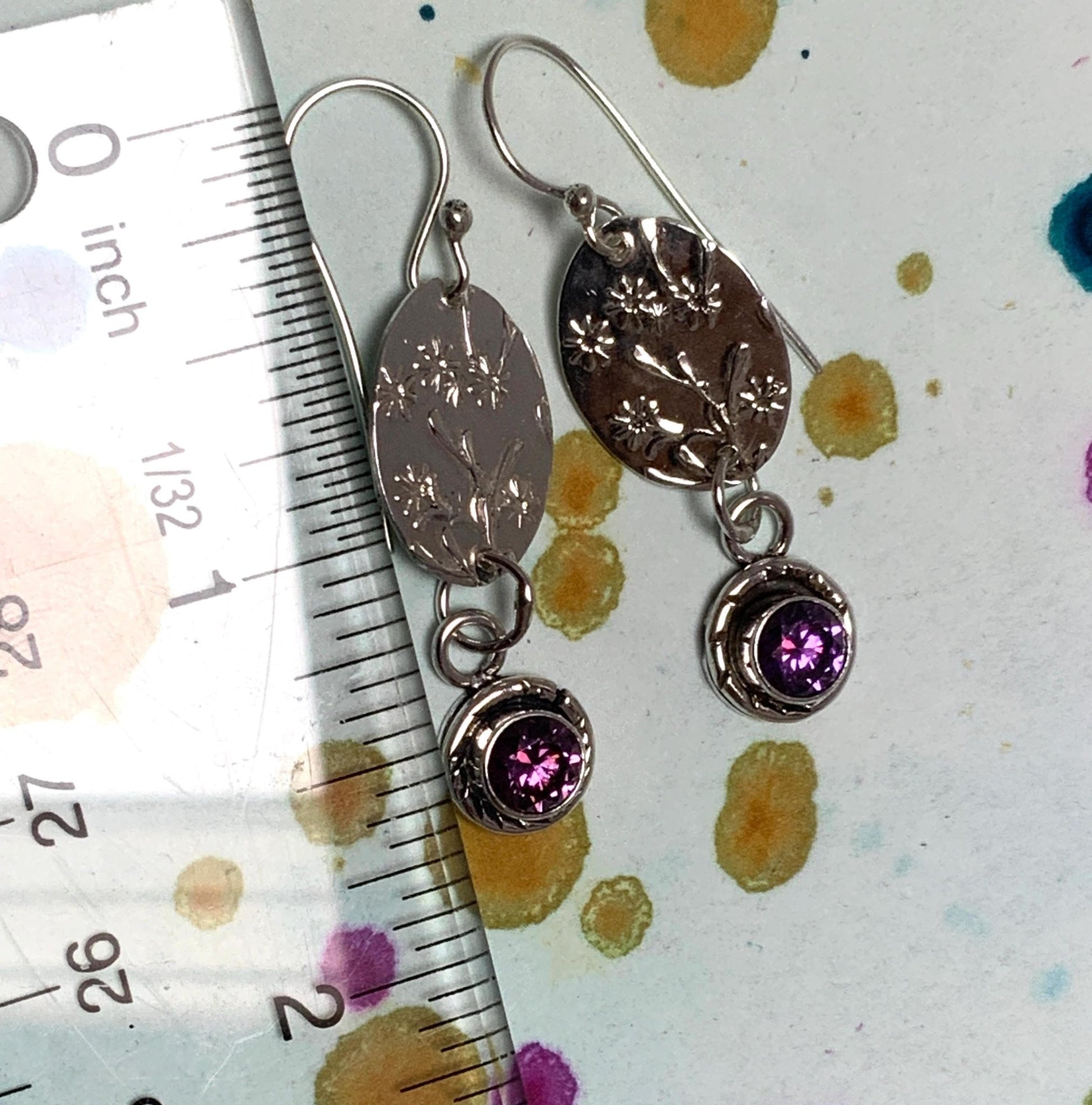 Handmade Sterling Silver Earrings with Embossed Art Nouveau Pattern and Purple Amethyst Accent - Bohemian 1920s Inspired Jewelry - Evitts Creek Arts